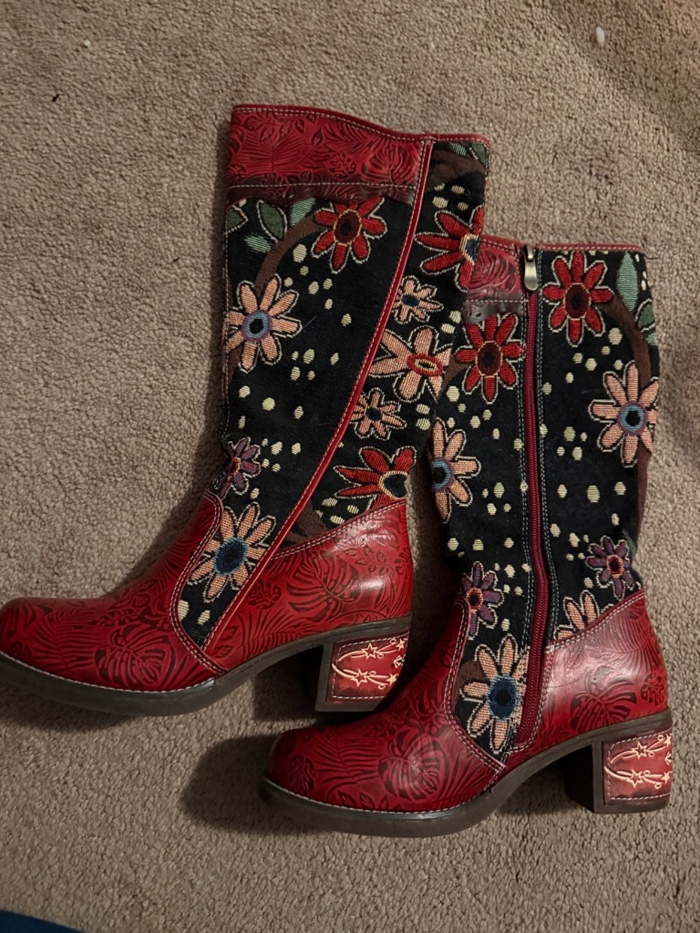 Red Floral Embroidered Mid-Calf Heeled Women’s Boots